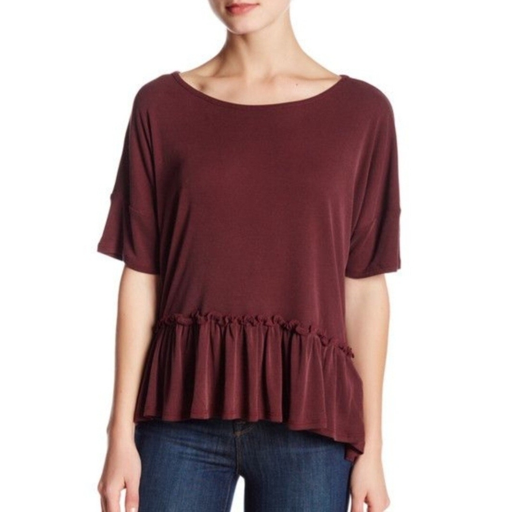 Harlowe & Graham Burgundy Ruffle Hem Tee Size XS